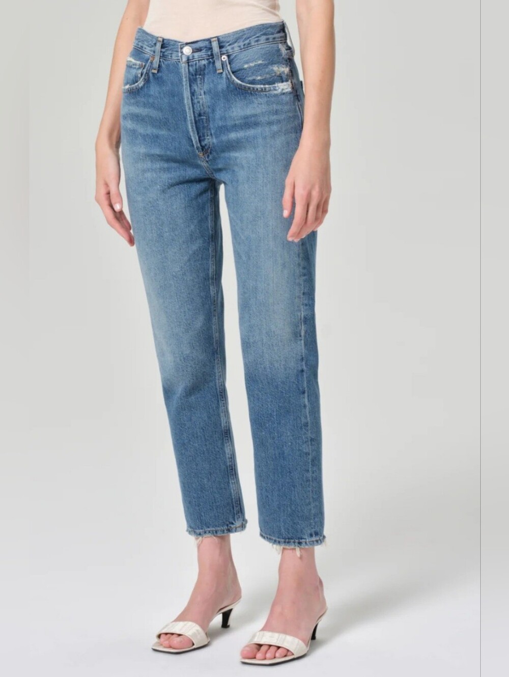 AGOLDE Riley Distressed Straight Leg Crop Medium Blue Wash SZ 28 Raw Hem